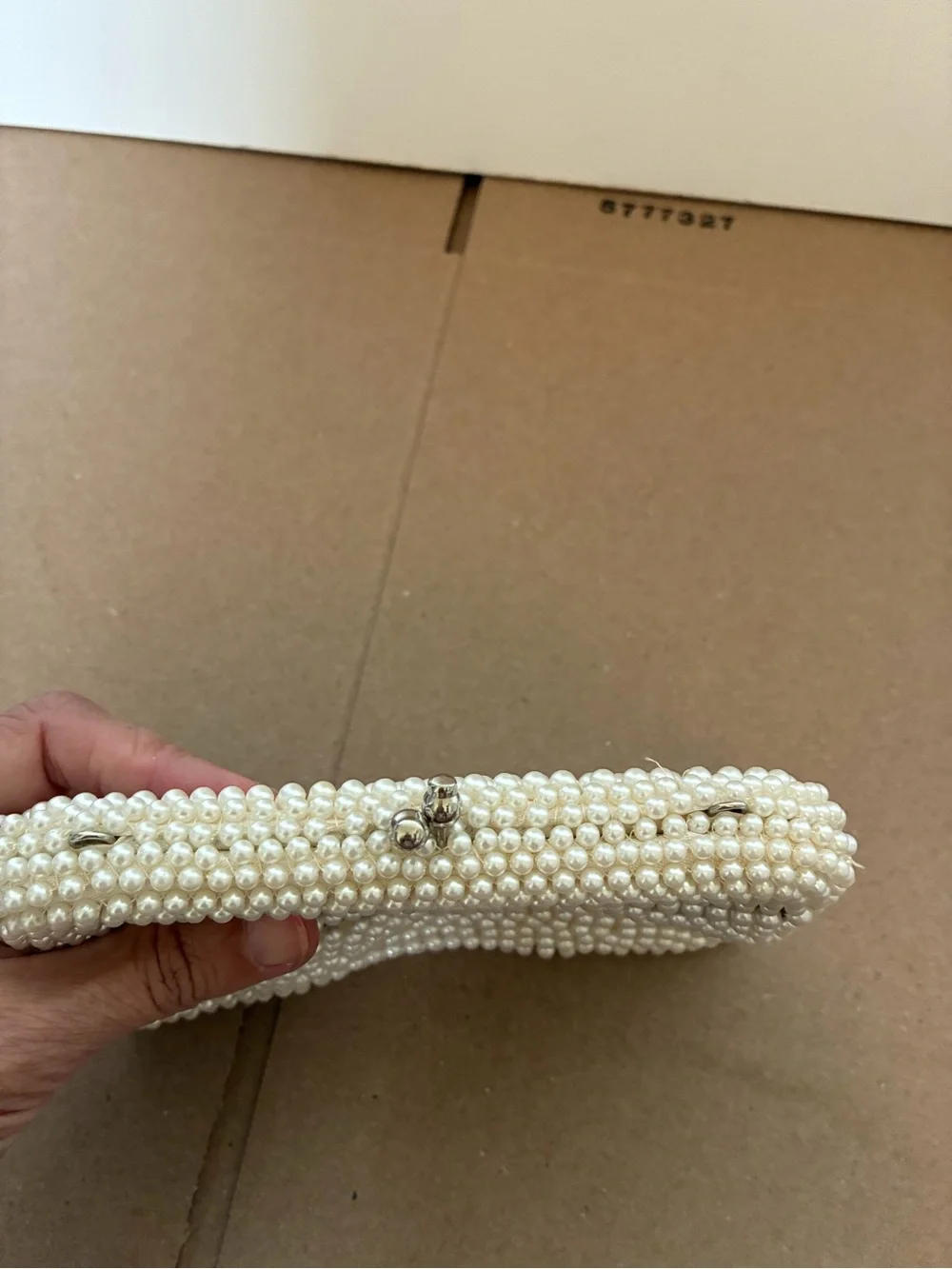 Vintage Pearl Beaded Clutch with Black Wave Trim